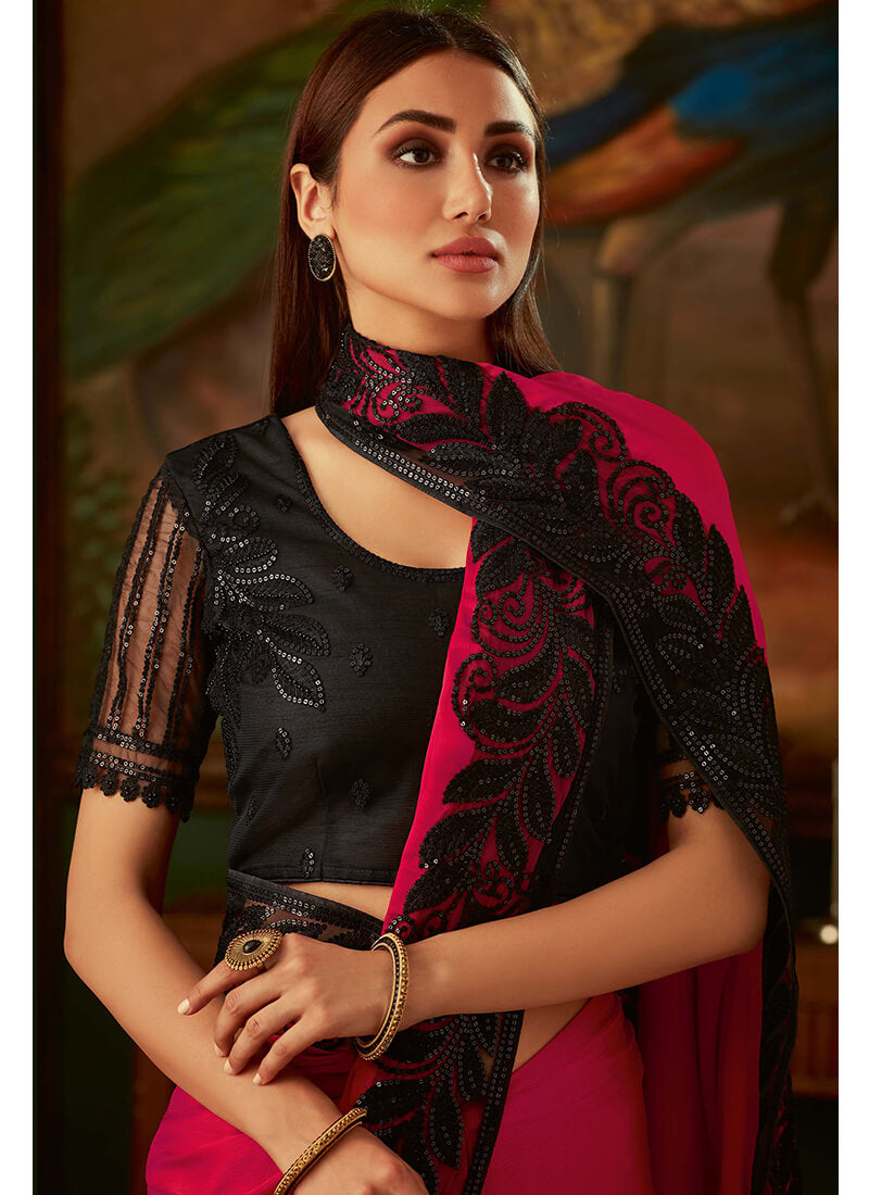 Pink saree & black blouse | Pink saree, Indian outfit, Saree