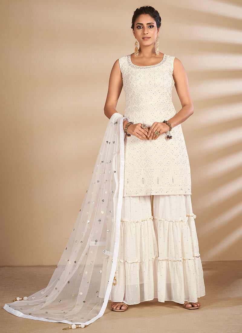 Sharara Suits : White georgette embroidery work wedding sharara ...